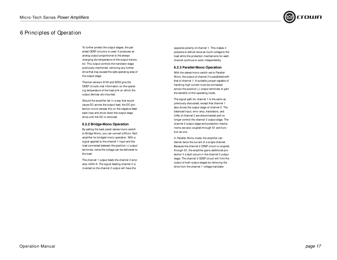 Crown 1201, 1200, 2401, 2400, 601, 600 operation manual Bridge-Mono Operation, Parallel-Mono Operation 