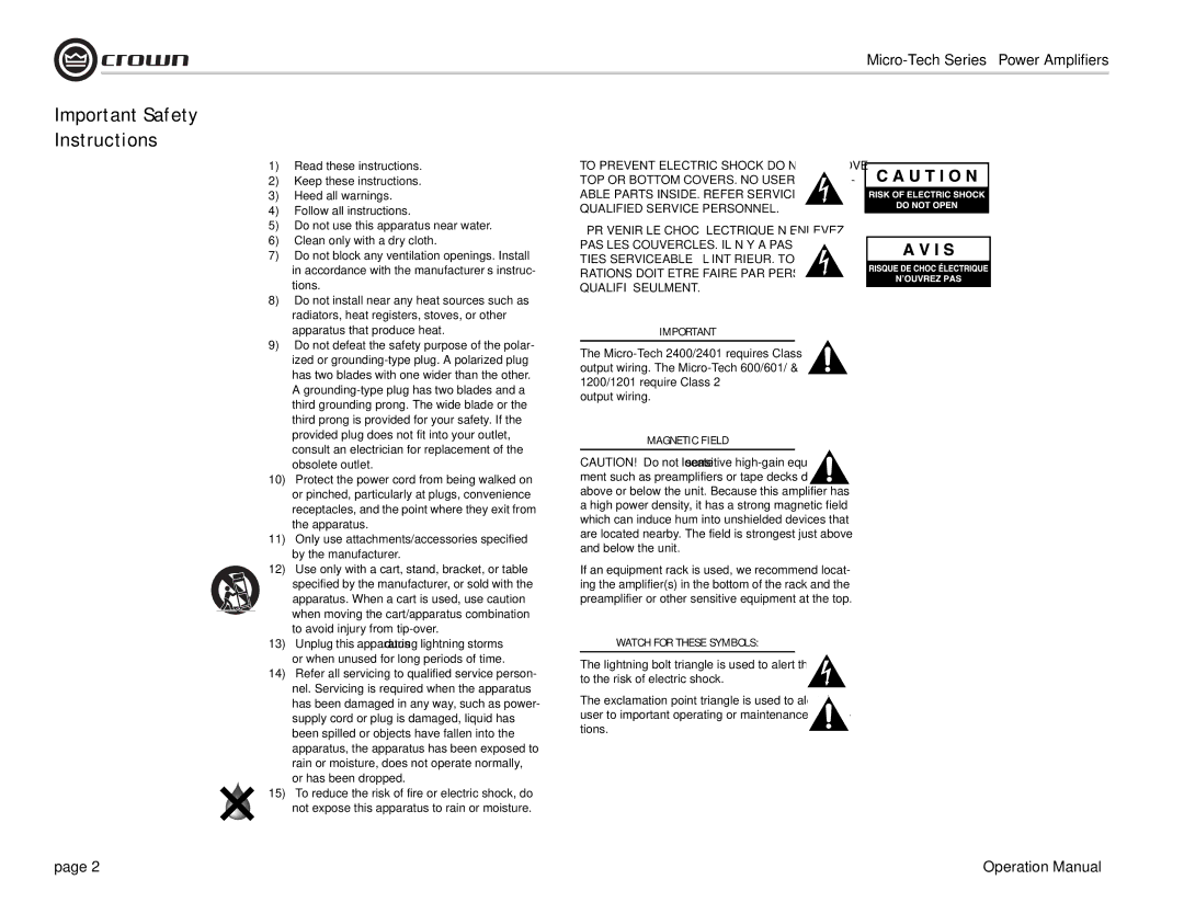 Crown 2400, 1200, 2401, 601, 600, 1201 Important Safety Instructions, Output wiring, Magnetic Field, Watch for These Symbols 