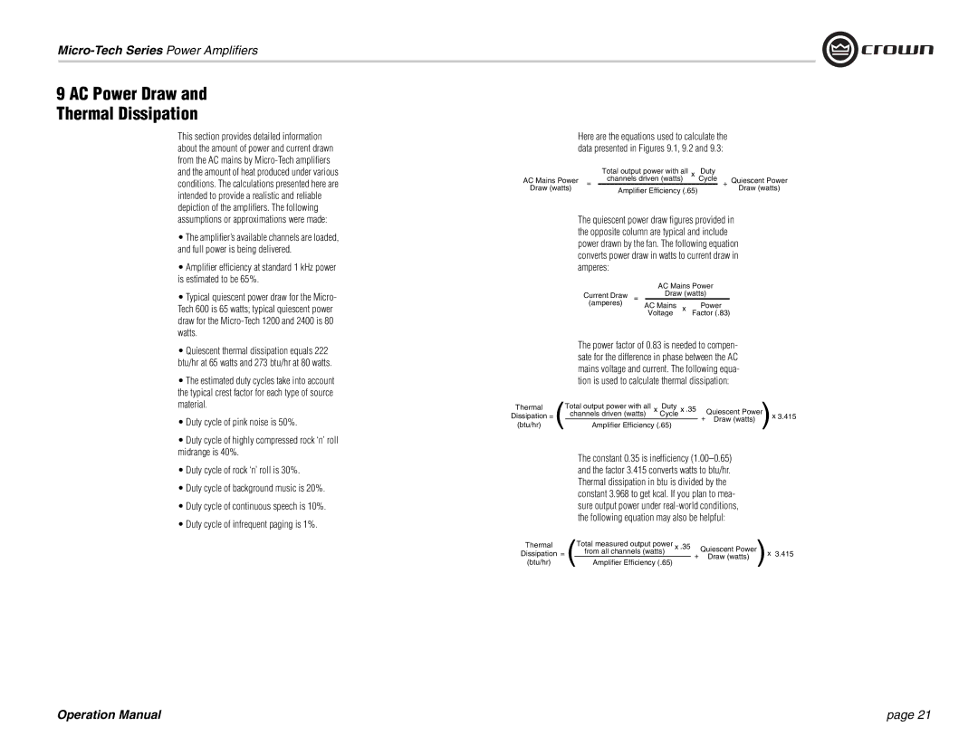 Crown 601, 1200, 2401, 2400, 600, 1201 operation manual AC Power Draw Thermal Dissipation 