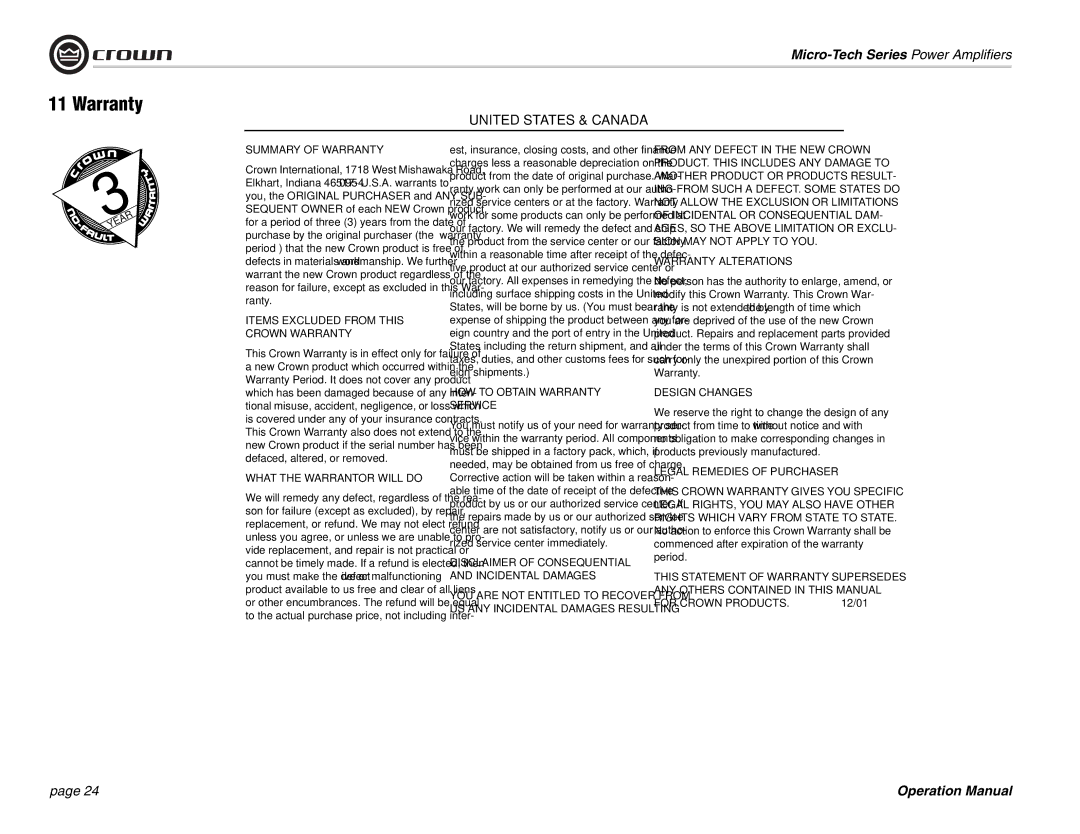 Crown 1200, 2401, 2400, 601, 600, 1201 operation manual Warranty 