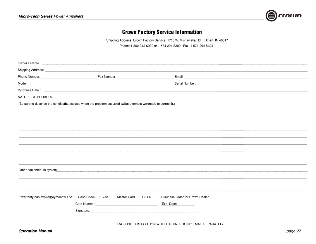 Crown 601 Crown Factory Service Information, Nature of Problem, Enclose this Portion with the UNIT. do not Mail Separately 