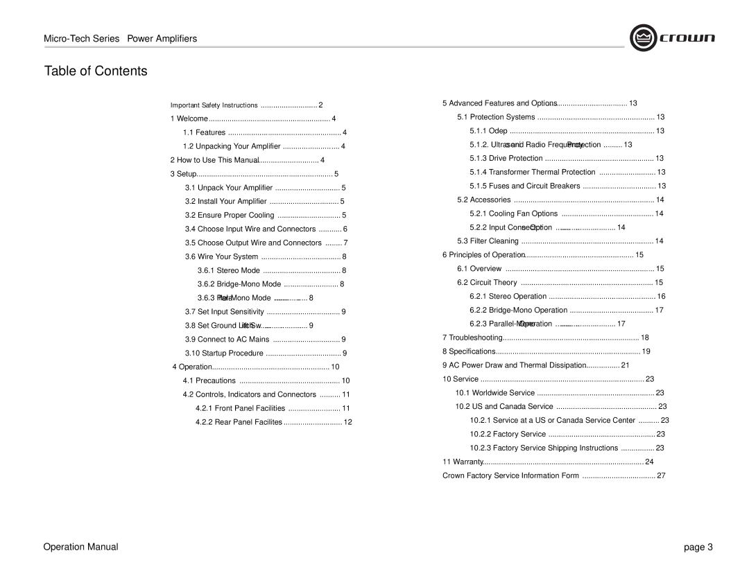 Crown 601, 1200, 2401, 2400, 600, 1201 operation manual Table of Contents 