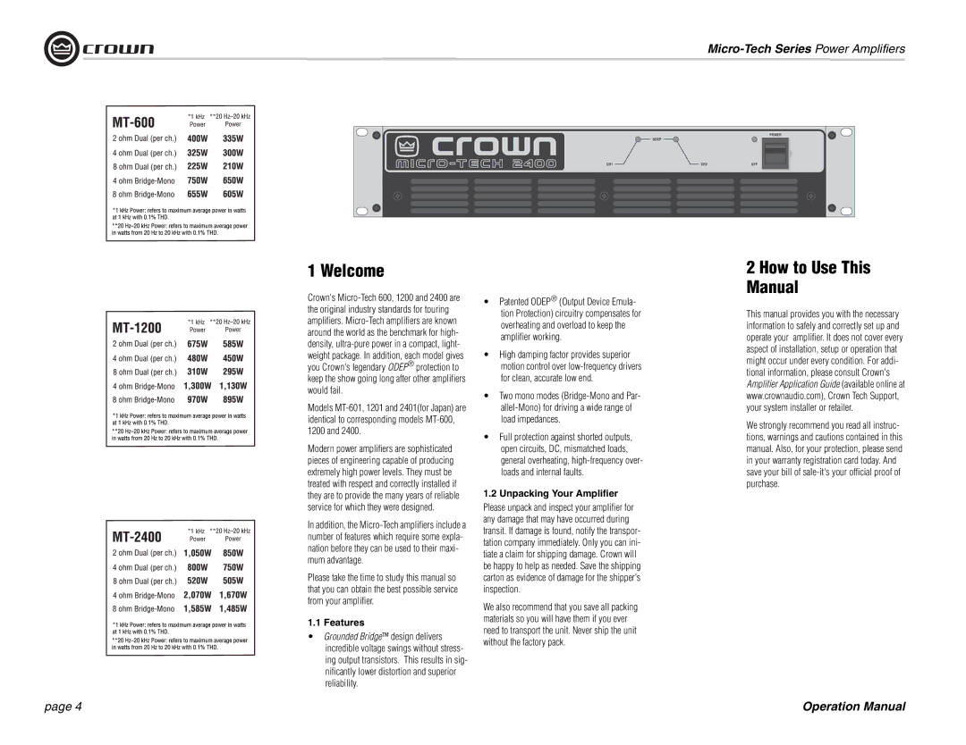 Crown 600, 1200, 2401, 2400, 601, 1201 operation manual Welcome, How to Use This Manual, Features, Unpacking Your Amplifier 