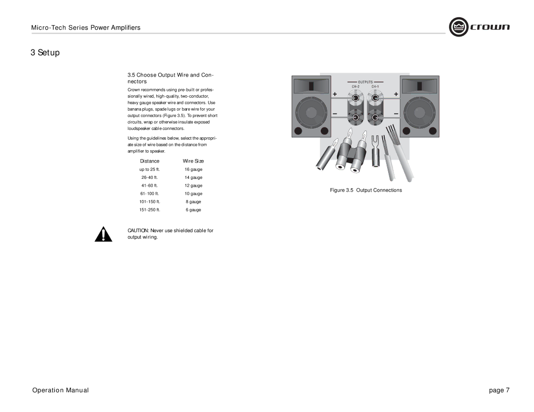 Crown 2401, 1200, 2400, 601, 600, 1201 operation manual Choose Output Wire and Con- nectors, Output Connections 