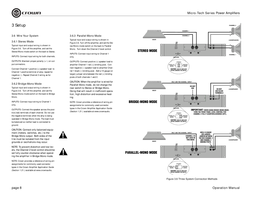 Crown 2400, 1200, 2401, 601 Wire Your System Stereo Mode, Bridge-Mono Mode, Inputs Connect input wiring to Channel 1 only 