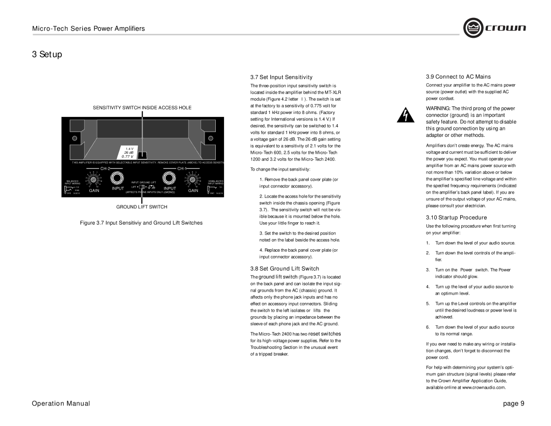 Crown 601, 1200, 2401, 2400, 600, 1201 Set Input Sensitivity, Set Ground Lift Switch, Connect to AC Mains, Startup Procedure 