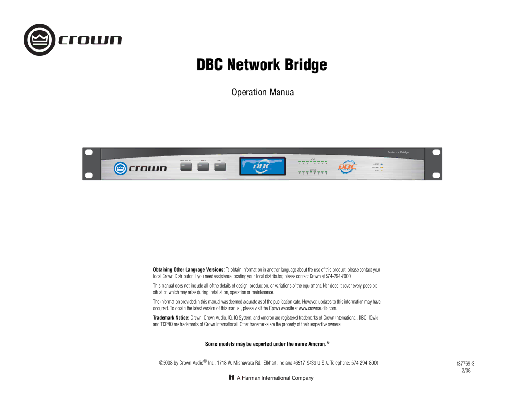 Crown 137769-3 operation manual DBC Network Bridge, Some models may be exported under the name Amcron 