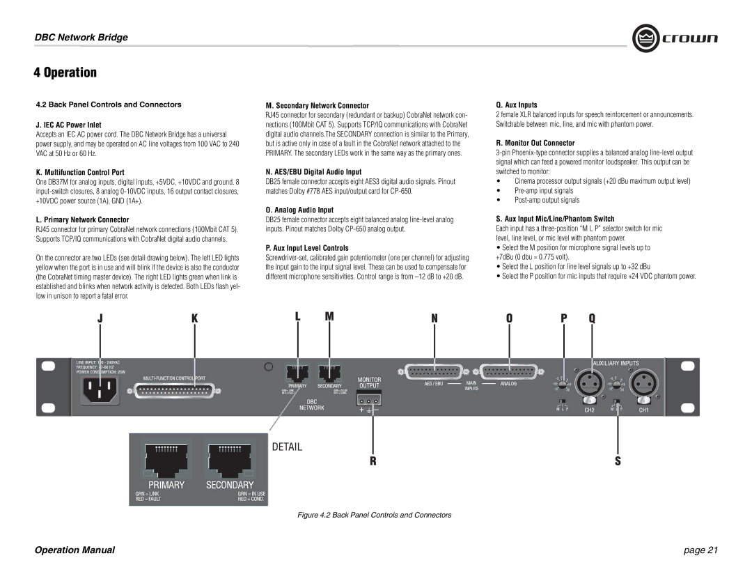 Crown 137769-3 Back Panel Controls and Connectors IEC AC Power Inlet, Multifunction Control Port, Analog Audio Input 