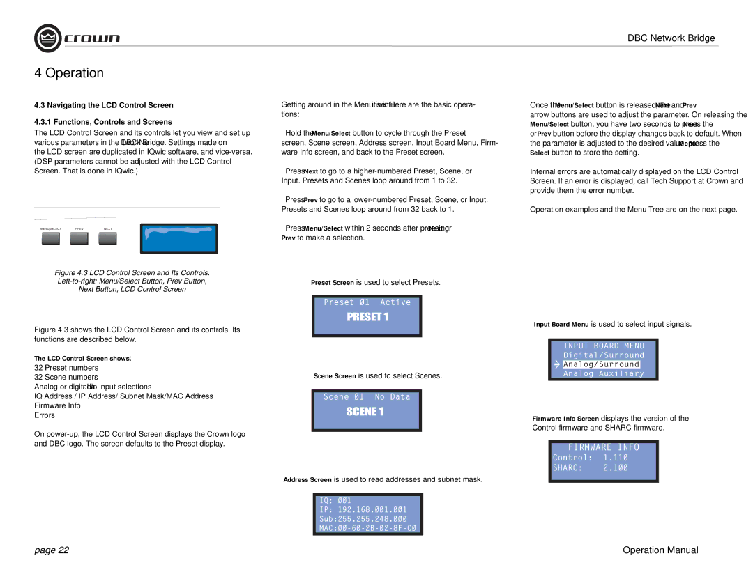 Crown 137769-3 operation manual Scene, LCD Control Screen shows 