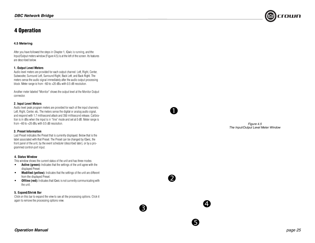 Crown 137769-3 Metering, Output Level Meters, Input Level Meters, Preset Information, Status Window, Expand/Shrink Bar 
