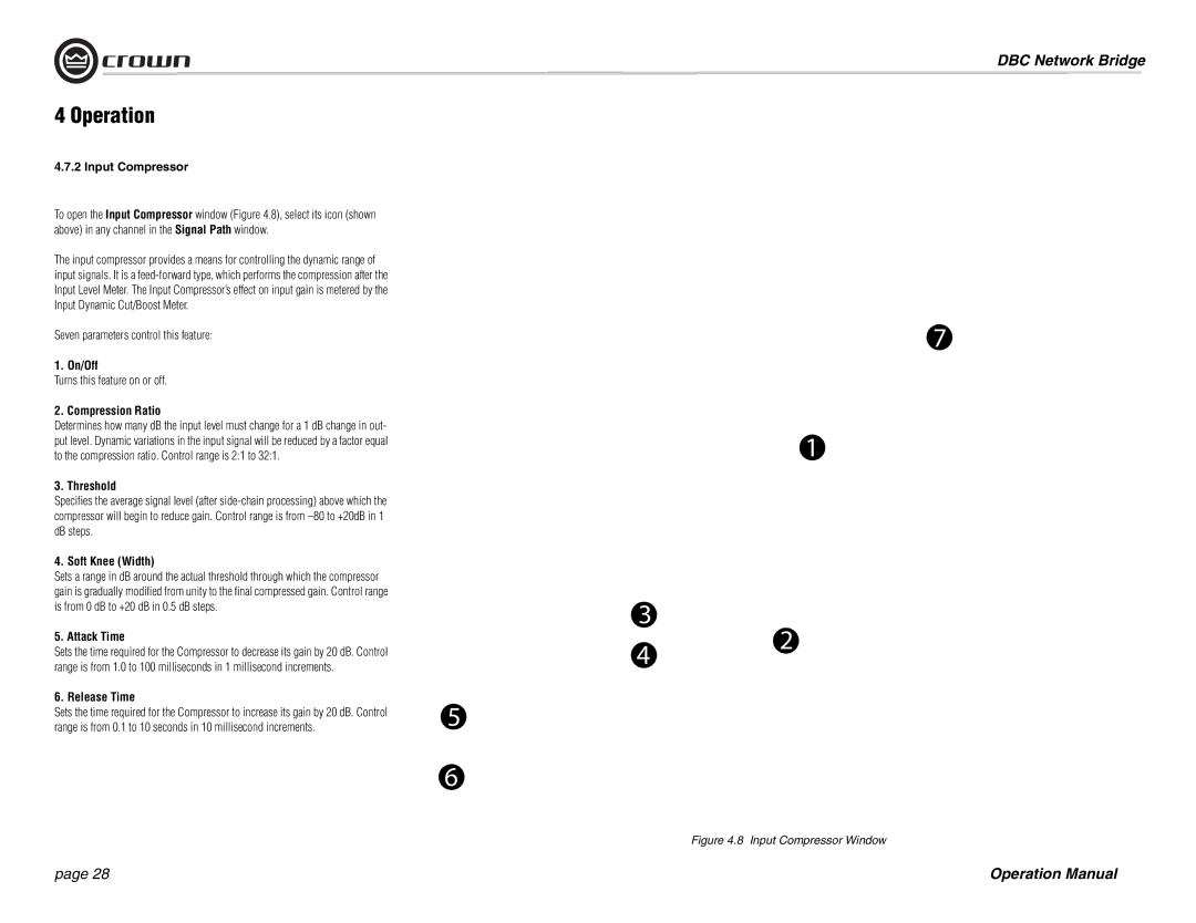 Crown 137769-3 Input Compressor, On/Off, Compression Ratio, Threshold, Soft Knee Width, Attack Time, Release Time 