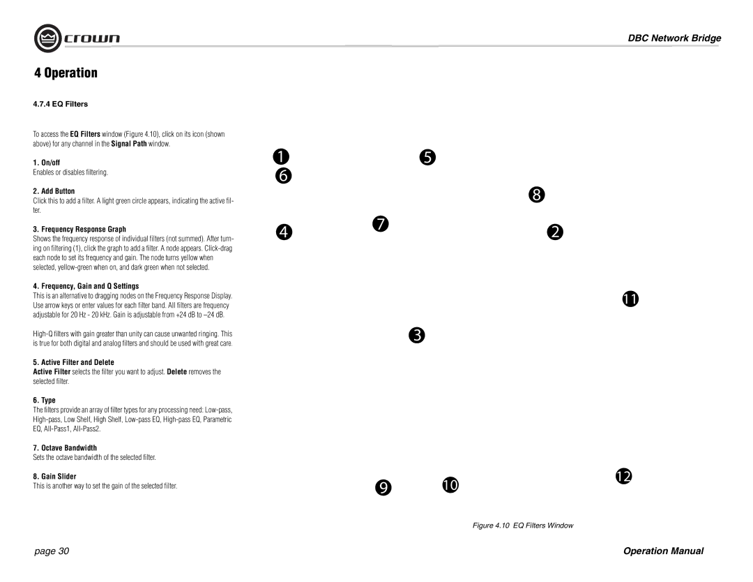 Crown 137769-3 EQ Filters, Add Button, Frequency Response Graph, Frequency, Gain and Q Settings, Active Filter and Delete 