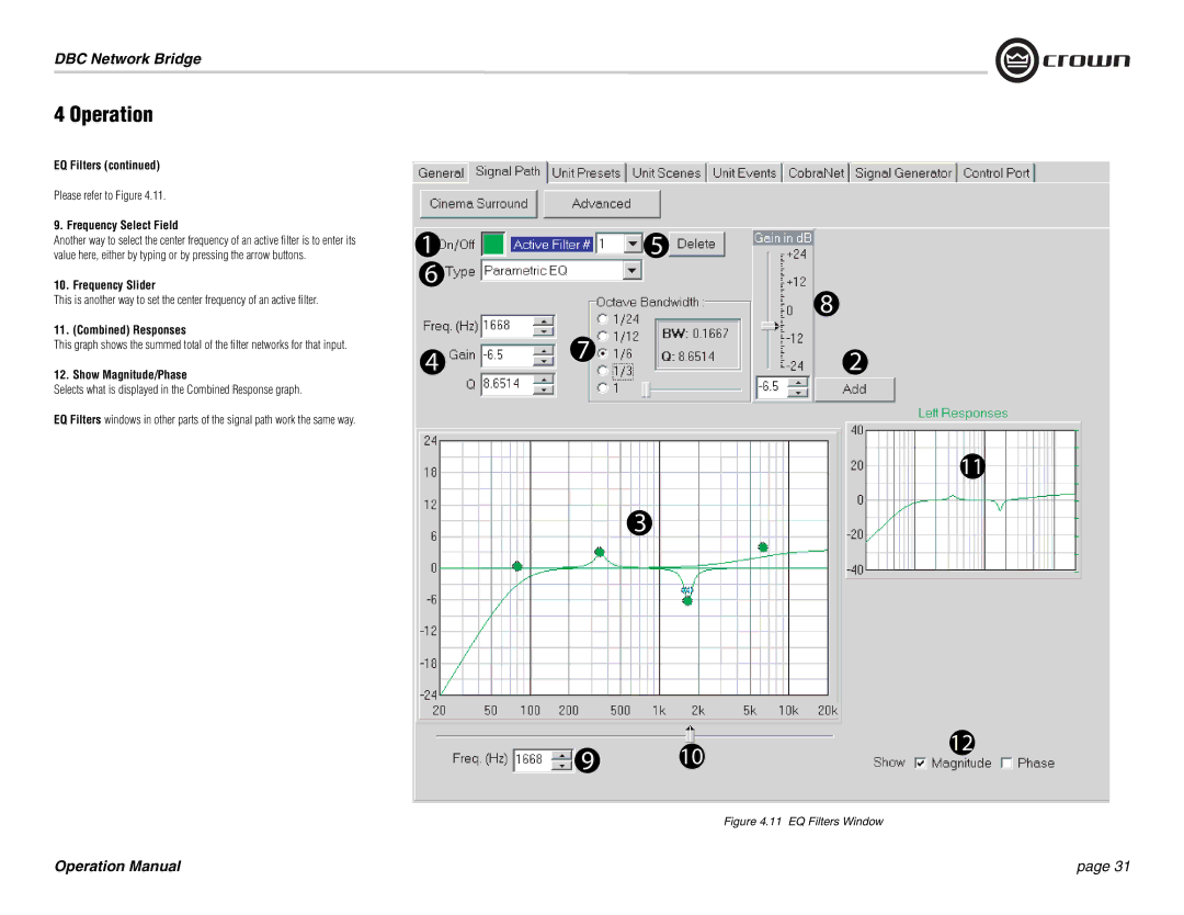 Crown 137769-3 operation manual Frequency Select Field, Frequency Slider, Combined Responses, Show Magnitude/Phase 