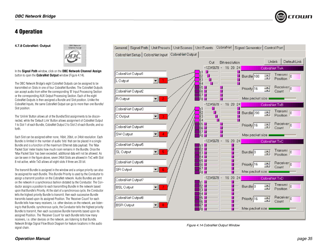 Crown 137769-3 operation manual CobraNet Output Window 