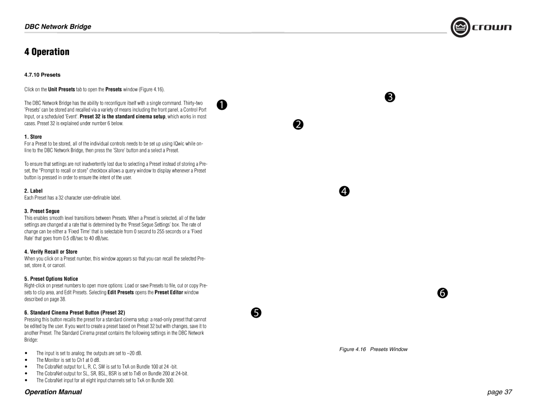 Crown 137769-3 operation manual Presets, Label, Preset Segue, Verify Recall or Store, Preset Options Notice 