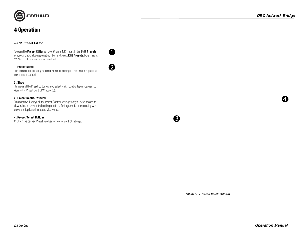 Crown 137769-3 operation manual Preset Editor, Preset Name, Show, Preset Control Window, Preset Select Buttons 