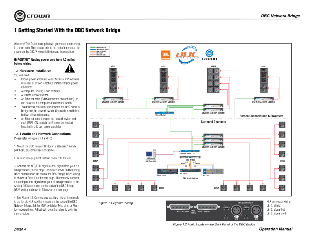 Crown 137769-3 Getting Started With the DBC Network Bridge, Audio and Network Connections Please refer to Figures 1.1 