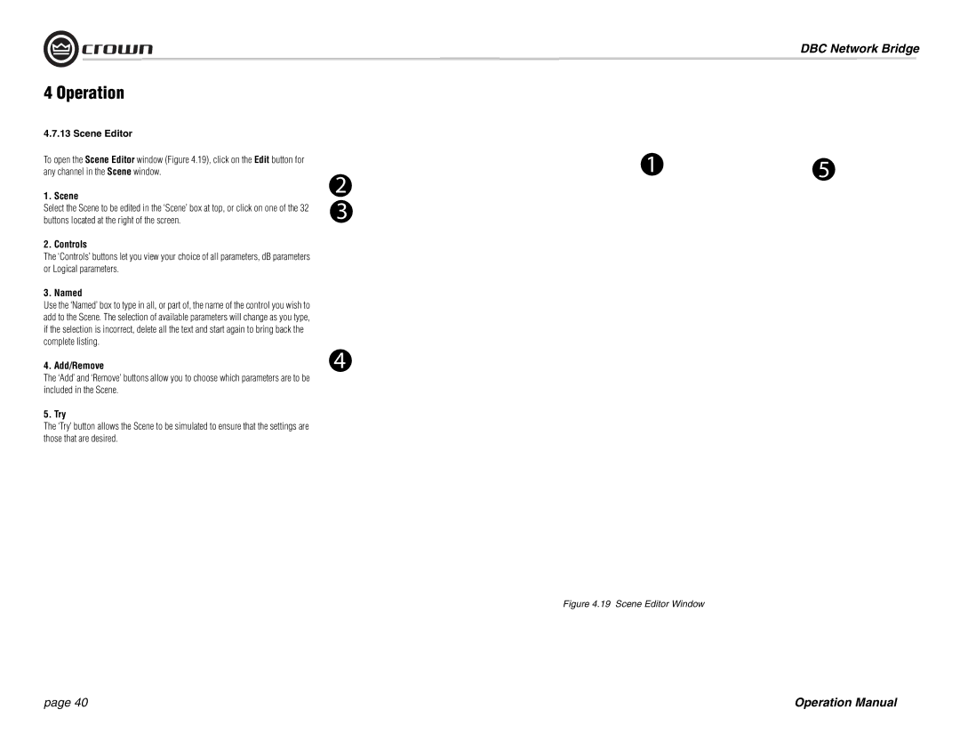 Crown 137769-3 operation manual Scene Editor, Controls, Named, Add/Remove, Try 