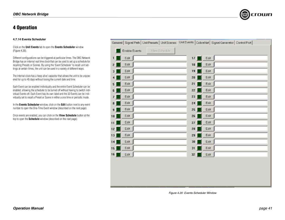 Crown 137769-3 operation manual Events Scheduler Window 