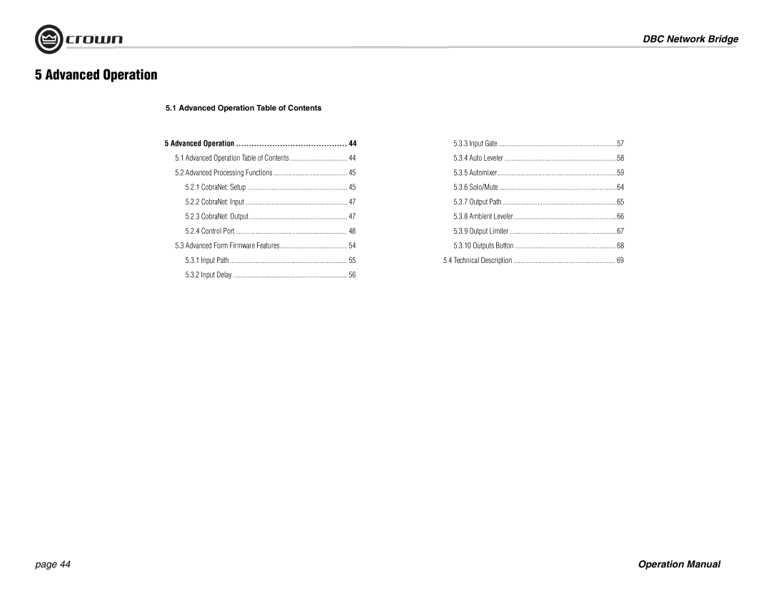 Crown 137769-3 operation manual Advanced Operation Table of Contents 