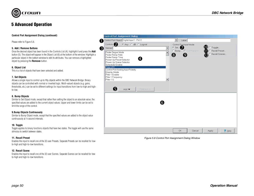 Crown 137769-3 Add / Remove Buttons, Object List, Set Objects, Bump Objects Continuously, Toggle, Recall Preset 