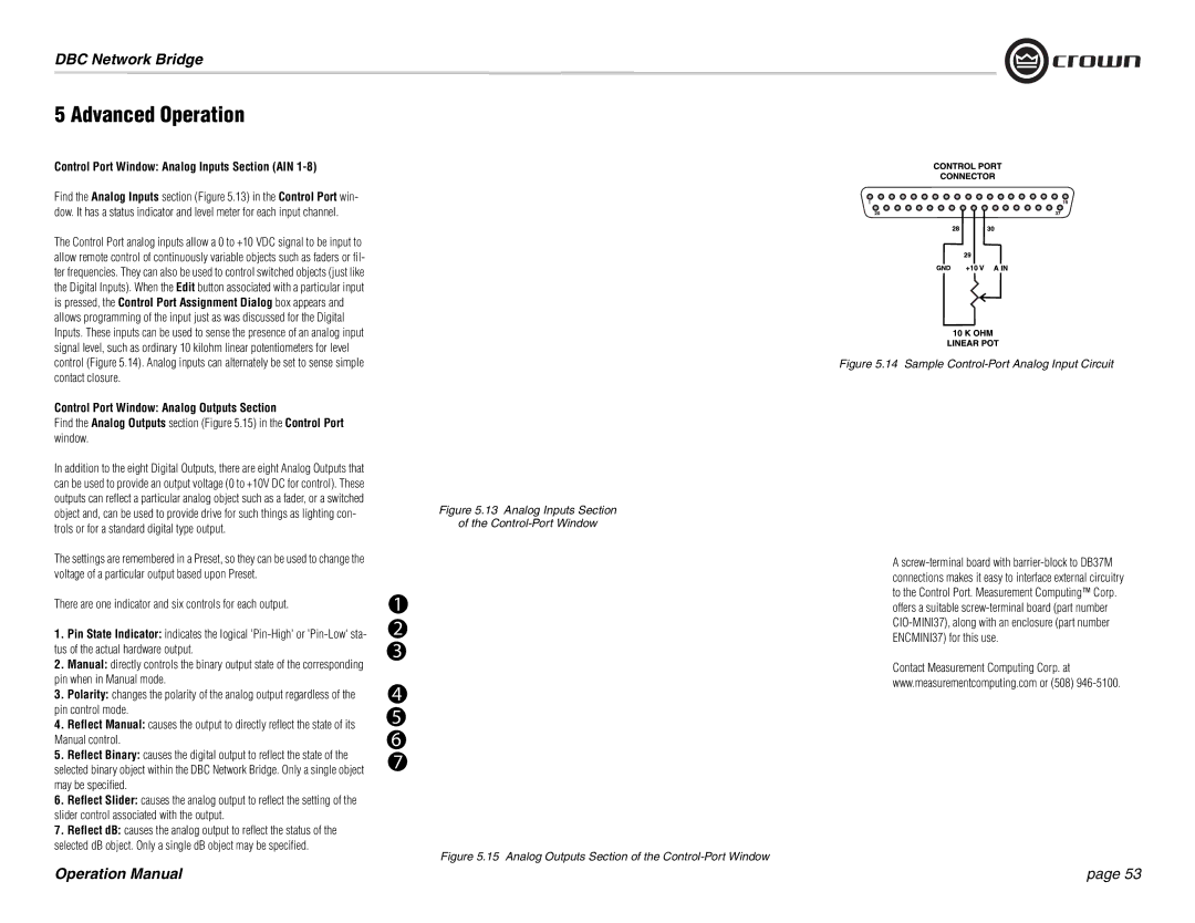 Crown 137769-3 operation manual Control Port Window Analog Inputs Section AIN, Control Port Window Analog Outputs Section 