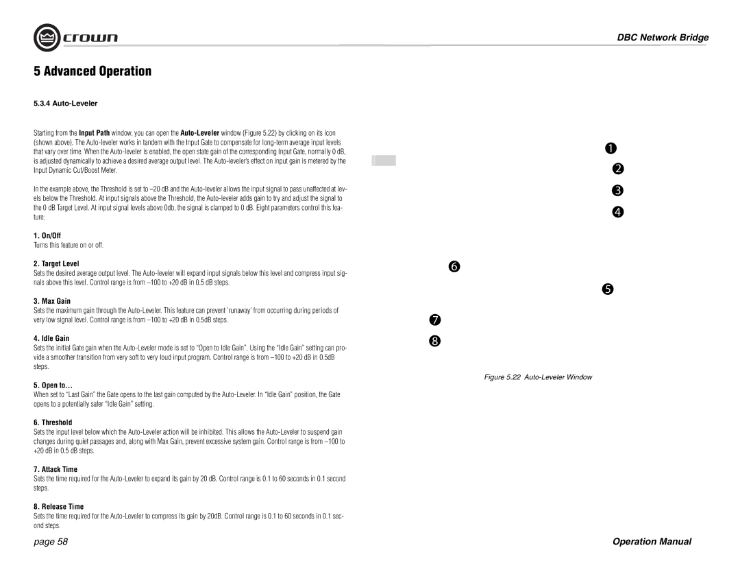 Crown 137769-3 operation manual Auto-Leveler, Target Level, Max Gain, Idle Gain, Open to 