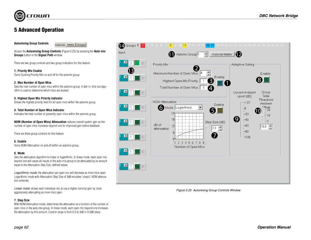 Crown 137769-3 operation manual Automixing Group Controls, Priority Mix Enable, Max Number of Open Mics, Mode, Step Size 