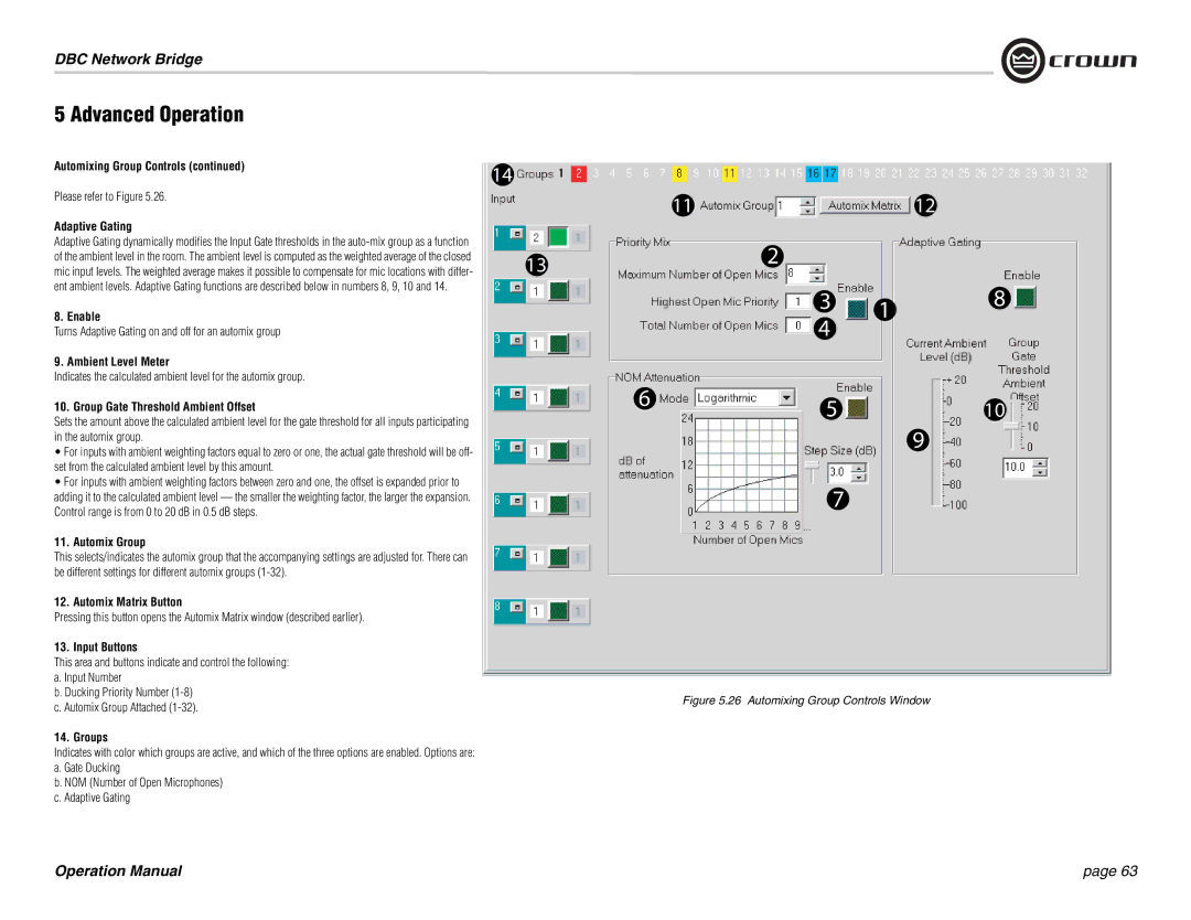 Crown 137769-3 Adaptive Gating, Ambient Level Meter, Group Gate Threshold Ambient Offset, Automix Group, Input Buttons 