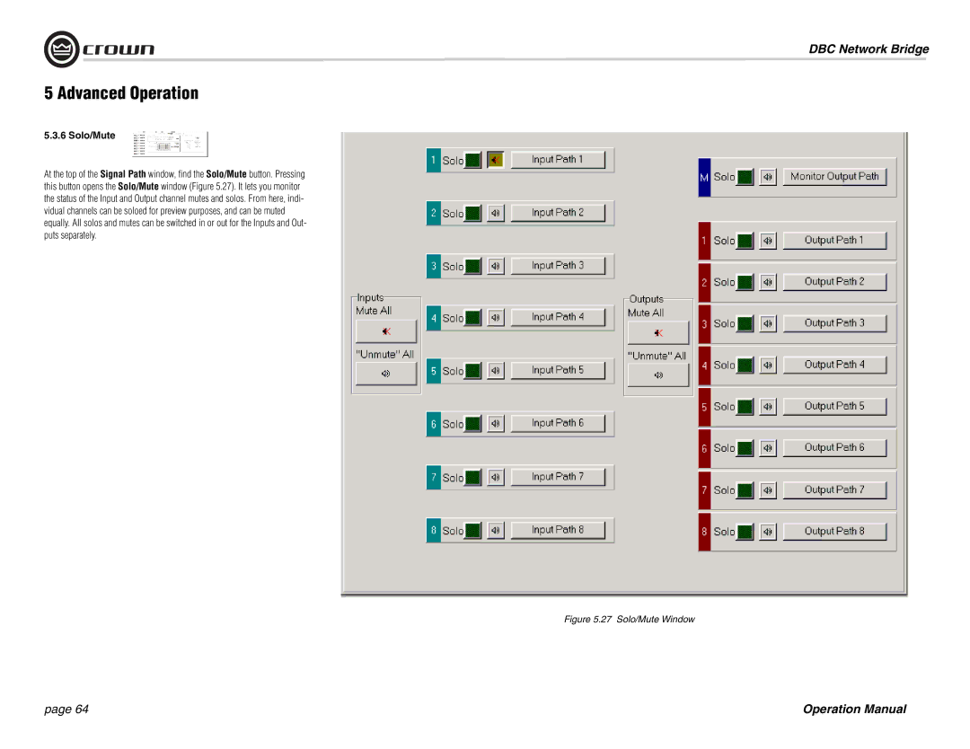 Crown 137769-3 operation manual Solo/Mute Window 