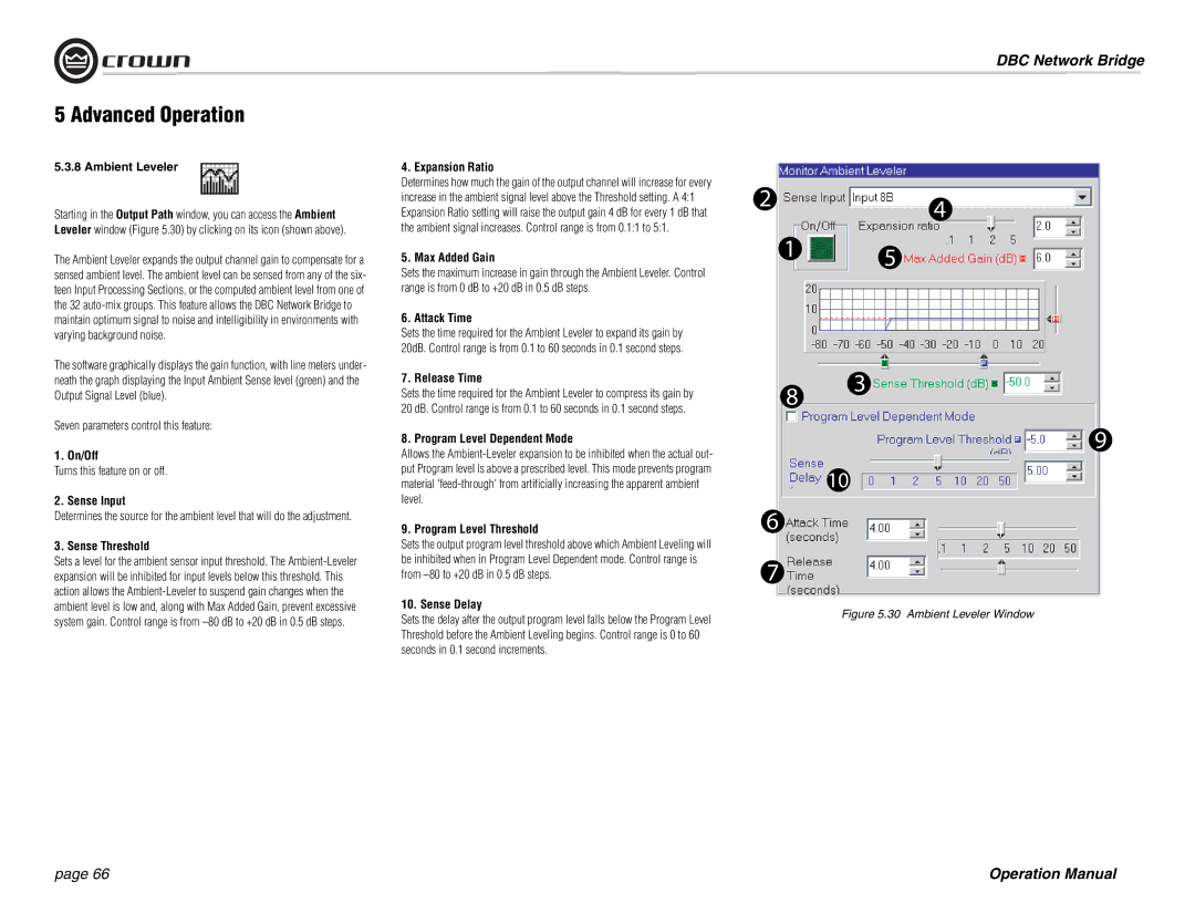 Crown 137769-3 Ambient Leveler, Expansion Ratio, Max Added Gain, On/Off Release Time, Program Level Dependent Mode 