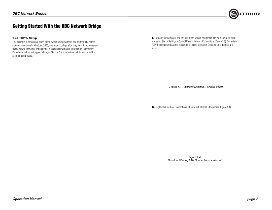 Crown 137769-3 operation manual 4 TCP/IQ Setup, Selecting Settings Control Panel 