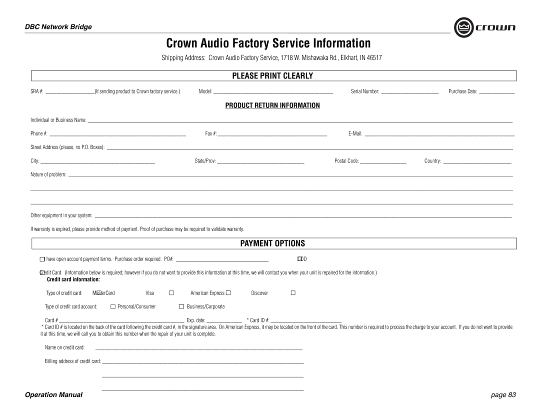 Crown 137769-3 operation manual Crown Audio Factory Service Information, Credit card information 