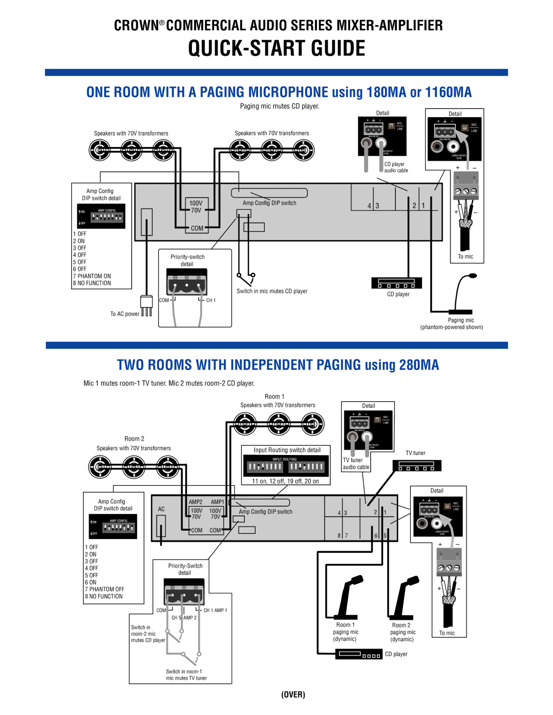 Crown 180MA 1160MA 280MA quick start ONE Room with a Paging Microphone using 180MA or 1160MA, Paging mic mutes CD player 