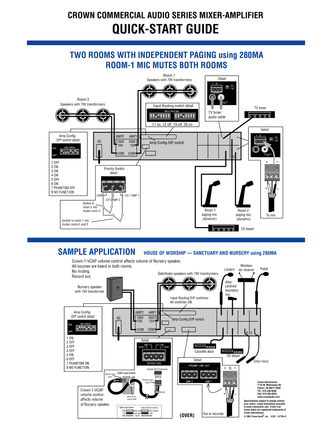 Crown 180MA 1160MA 280MA quick start All sources are heard in both rooms, No muting, Record out, Phantom on No Function 