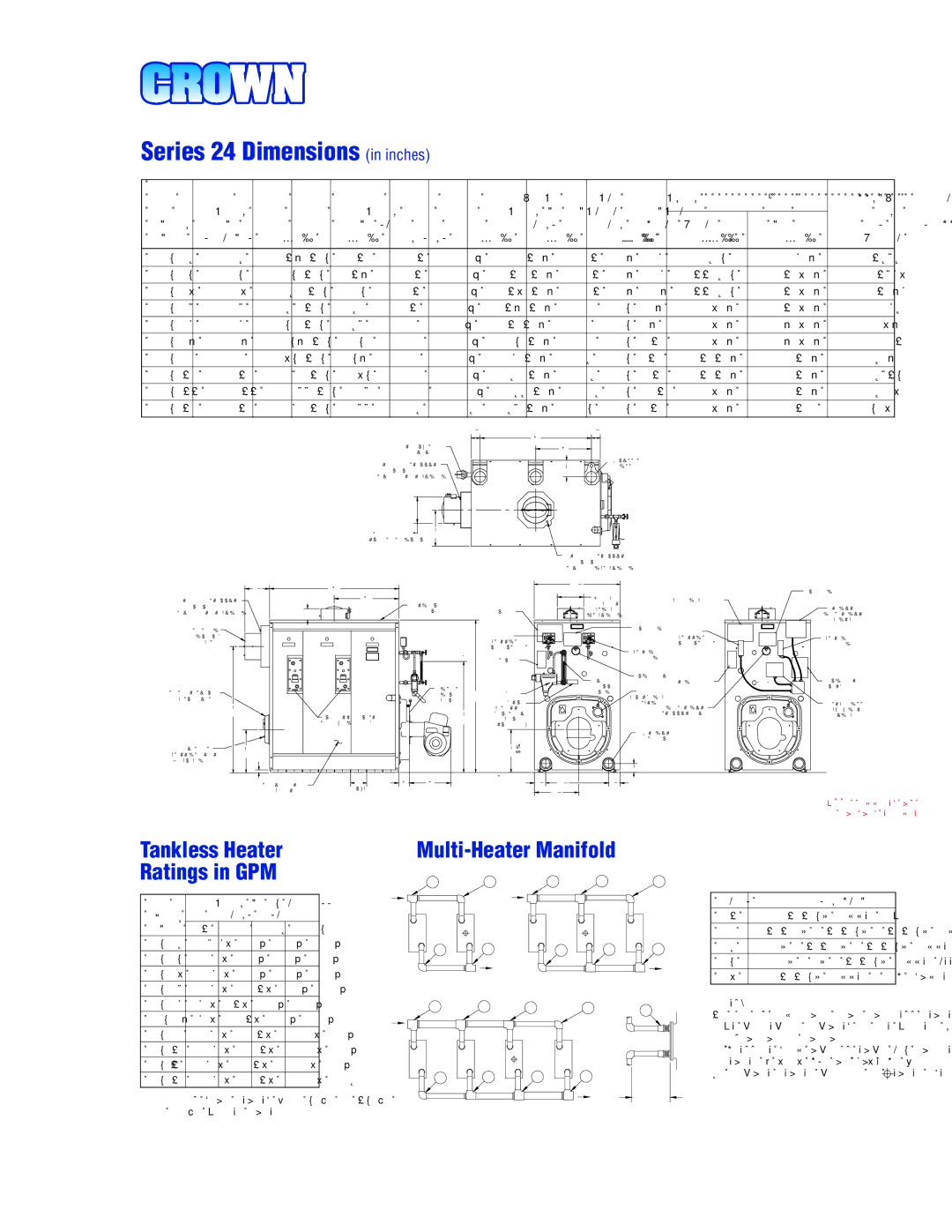 Crown 29PT9467S Series 24 Dimensions in inches, Multi-Heater Manifold, Tankless Heater Ratings in GPM, BECKETT1 Approx 