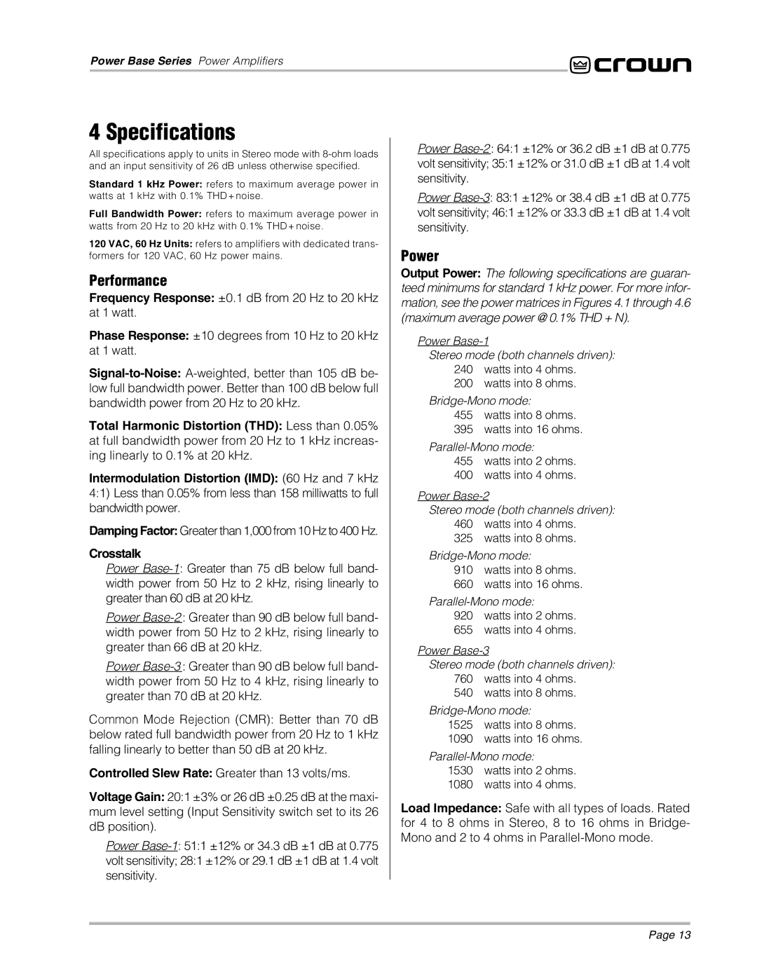 Crown 2, 3, 1 manual Specifications, Performance, Power, Crosstalk 