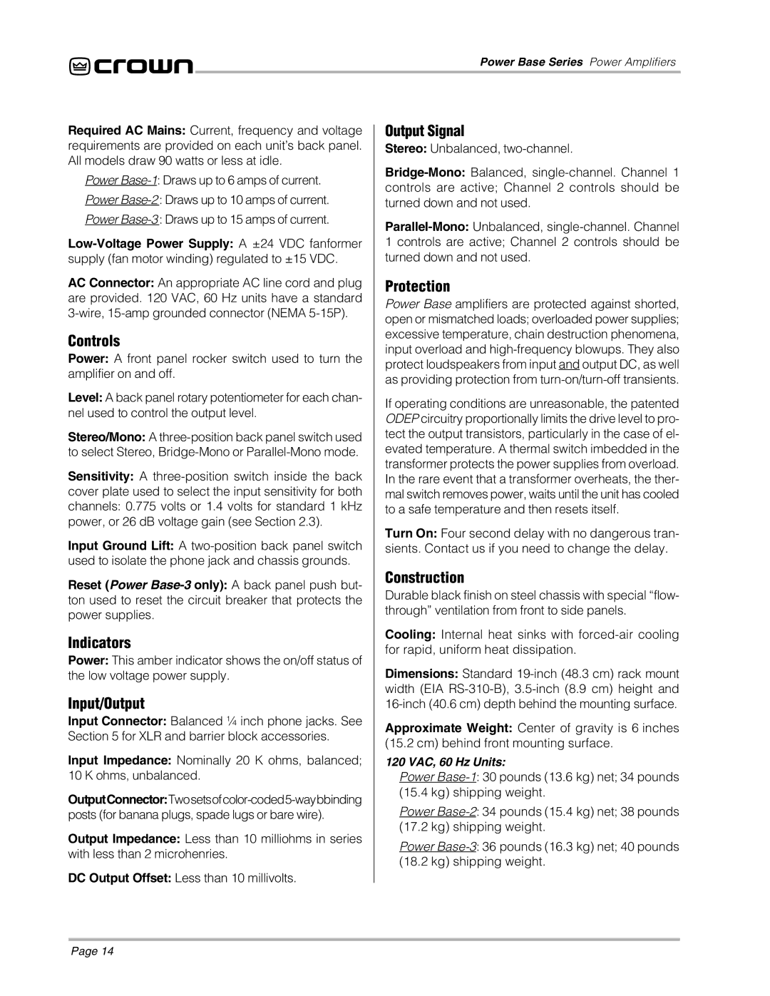 Crown 1, 3, 2 manual Indicators, Input/Output, Output Signal, Protection, Construction 