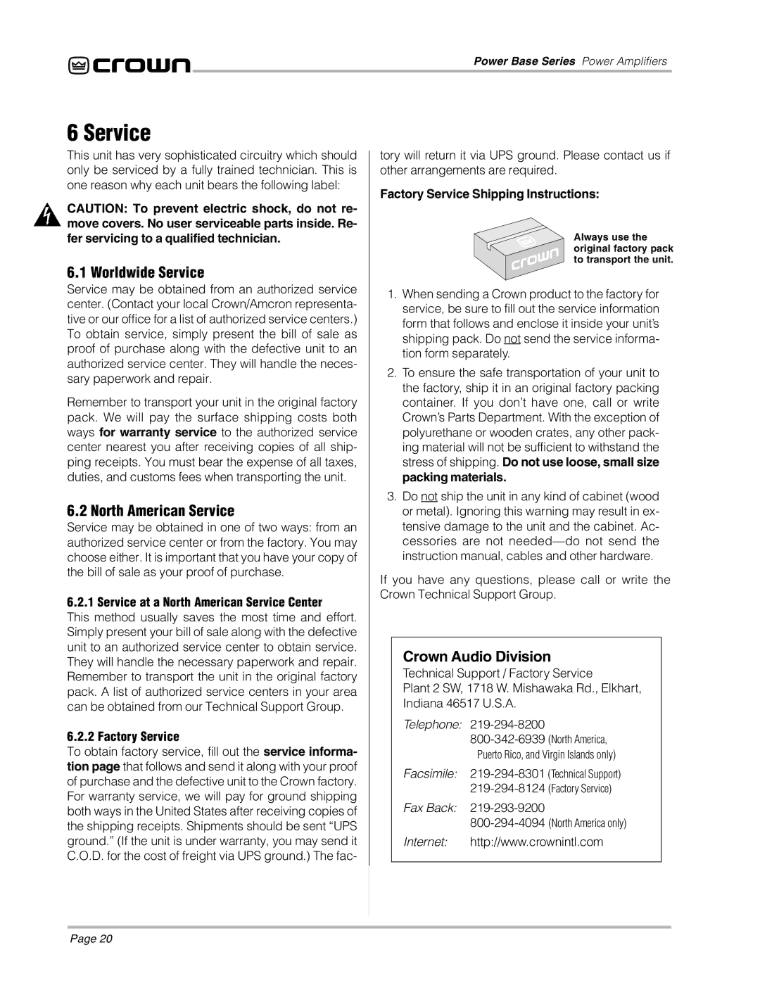 Crown 1, 3, 2 manual Worldwide Service, North American Service, Crown Audio Division 