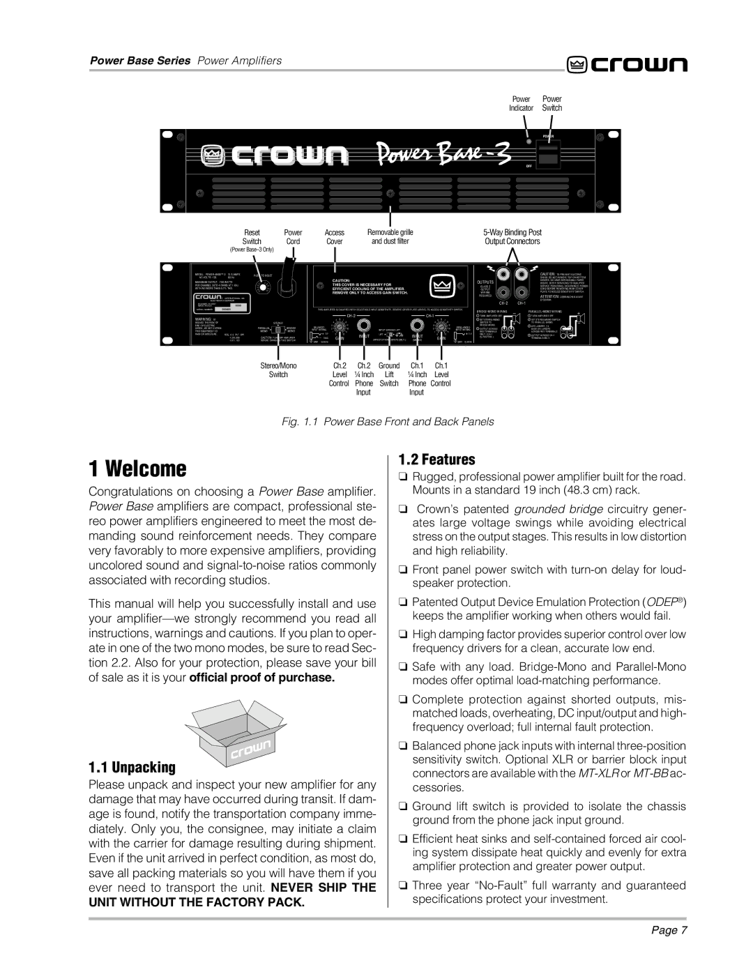 Crown 2, 3, 1 manual Welcome, Unpacking, Features 