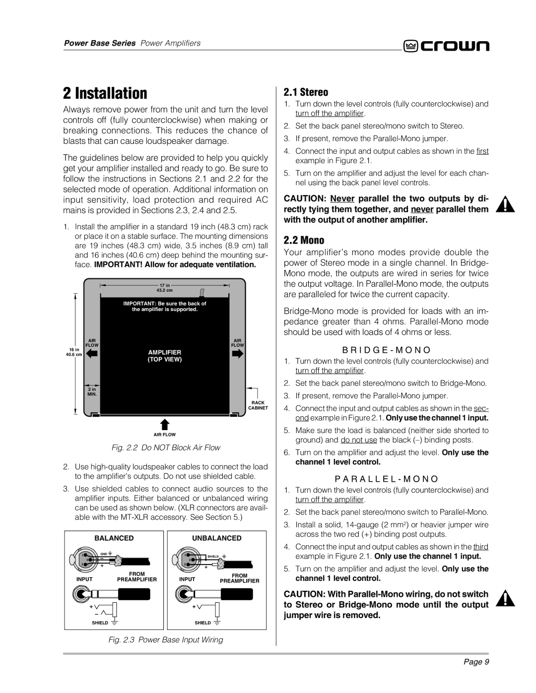 Crown 3, 2 manual Installation, Stereo, Mono, Example in .1. Only use the channel 1 input, Channel 1 level control 