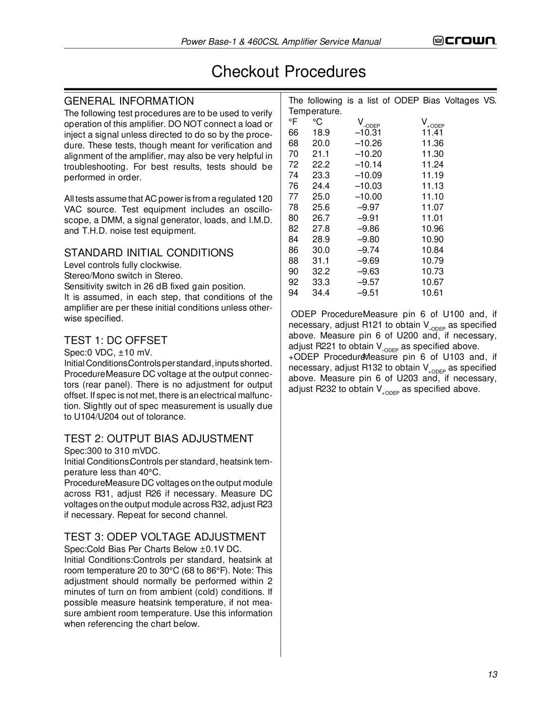 Crown 460CSL Checkout Procedures, Standard Initial Conditions, Test 1 DC Offset, Test 2 Output Bias Adjustment 