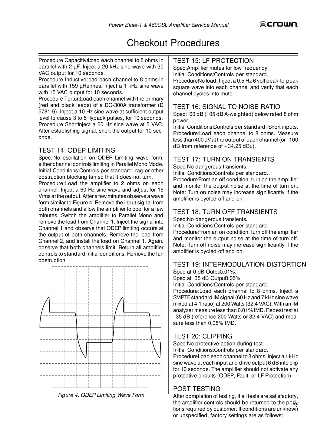 Crown 460CSL Test 14 Odep Limiting, Test 15 LF Protection, Test 16 Signal to Noise Ratio, Test 17 Turn on Transients 