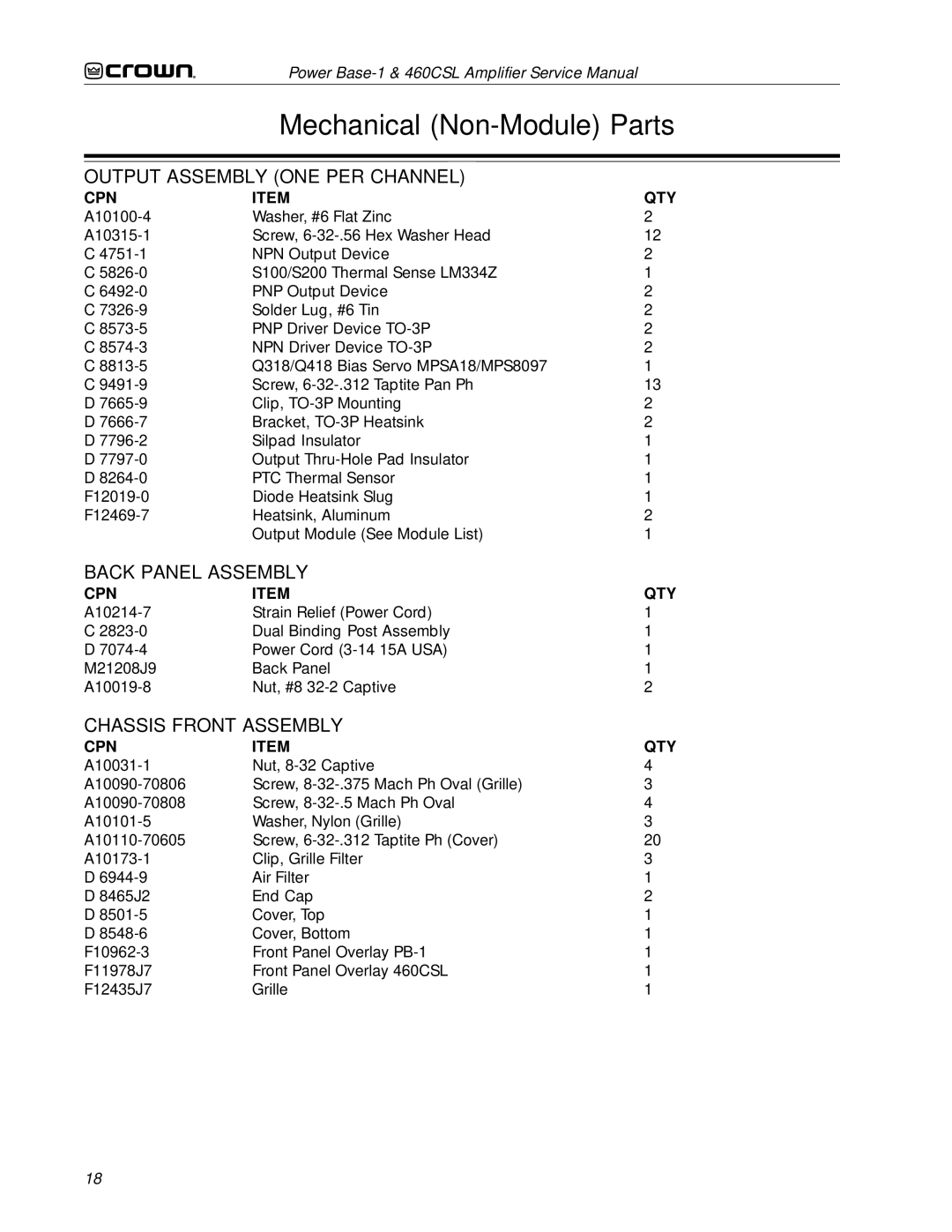 Crown 460CSL service manual Output Assembly ONE PER Channel, Back Panel Assembly, Chassis Front Assembly 