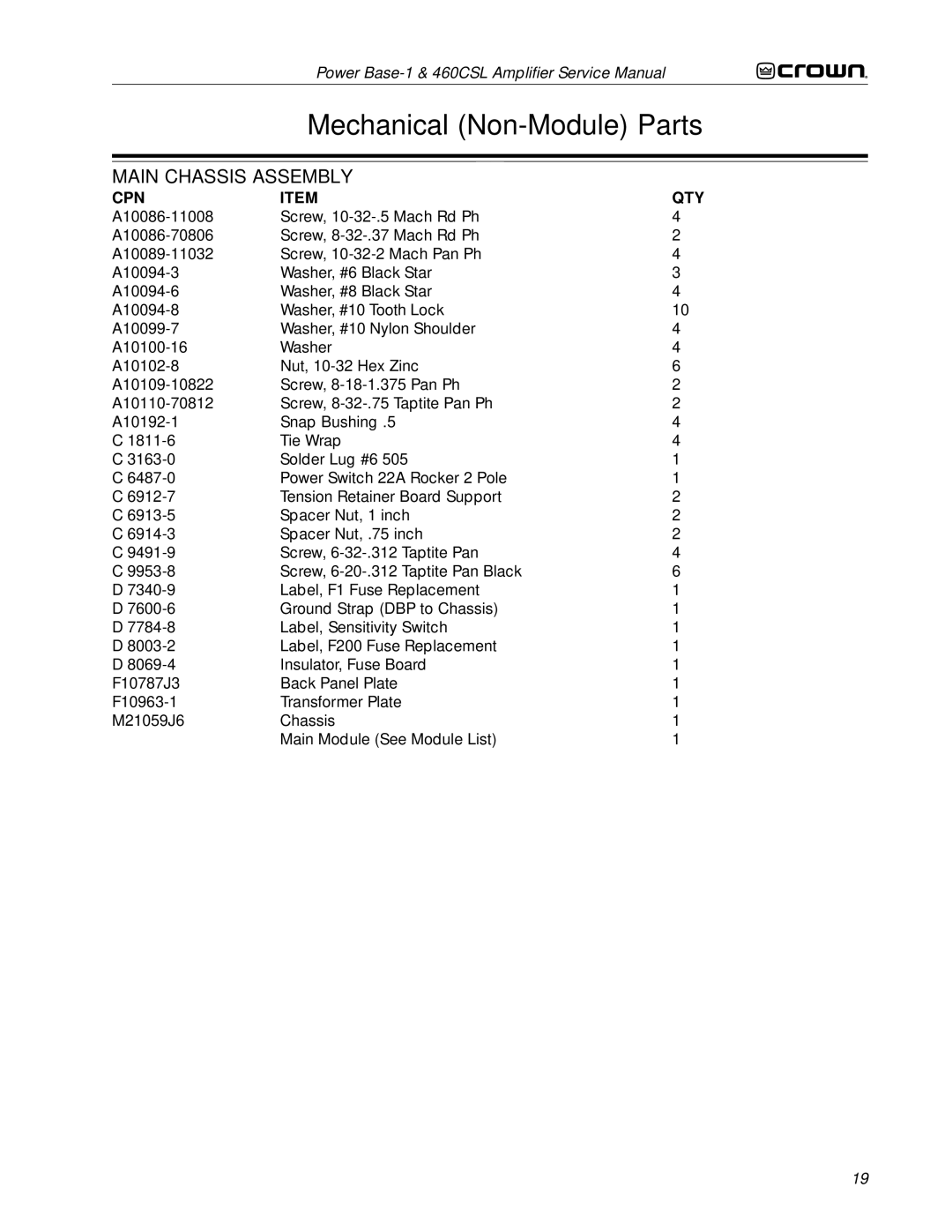 Crown 460CSL service manual Main Chassis Assembly 