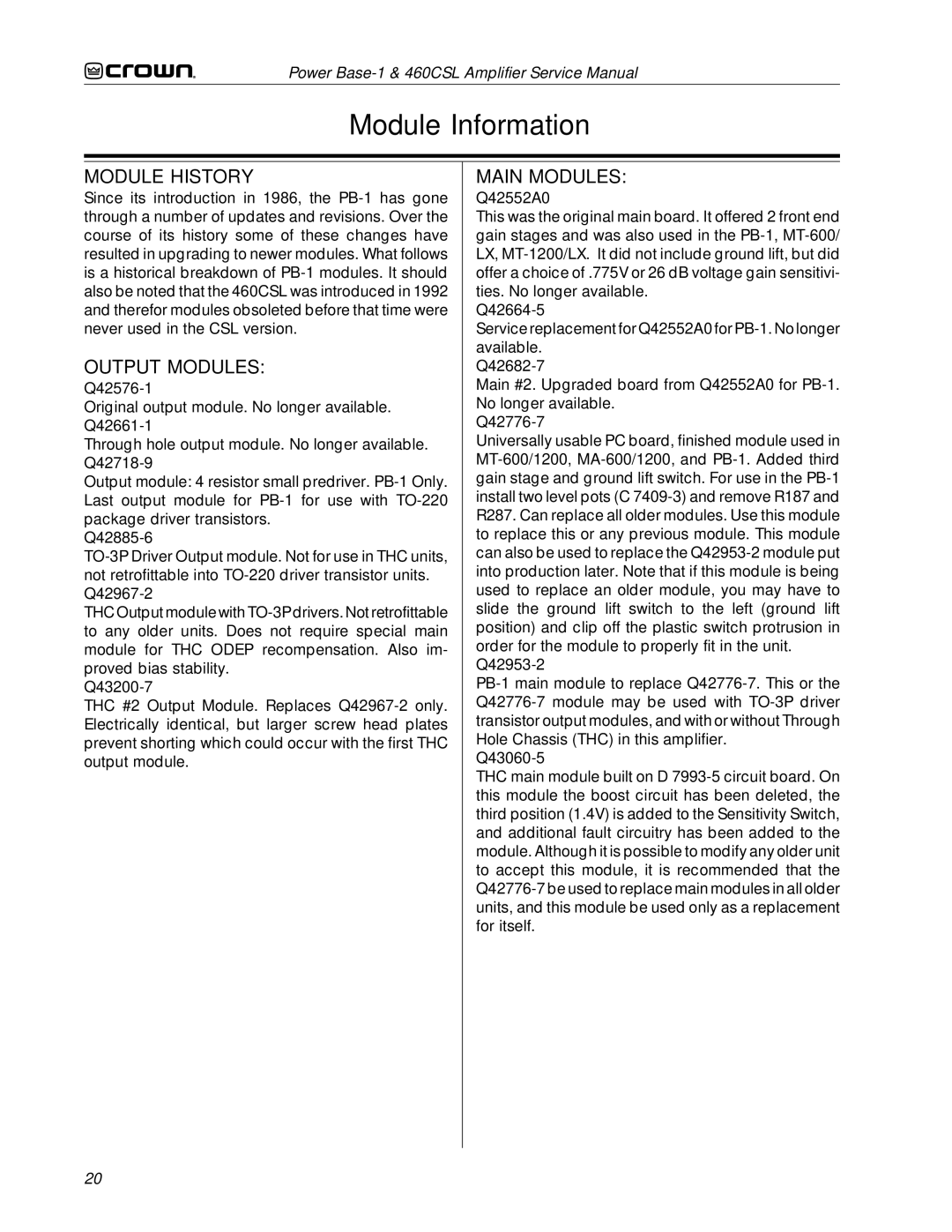 Crown 460CSL service manual Module Information, Module History, Output Modules, Main Modules 