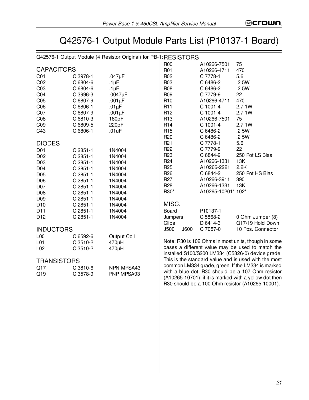 Crown 460CSL service manual Q42576-1 Output Module Parts List P10137-1 Board 