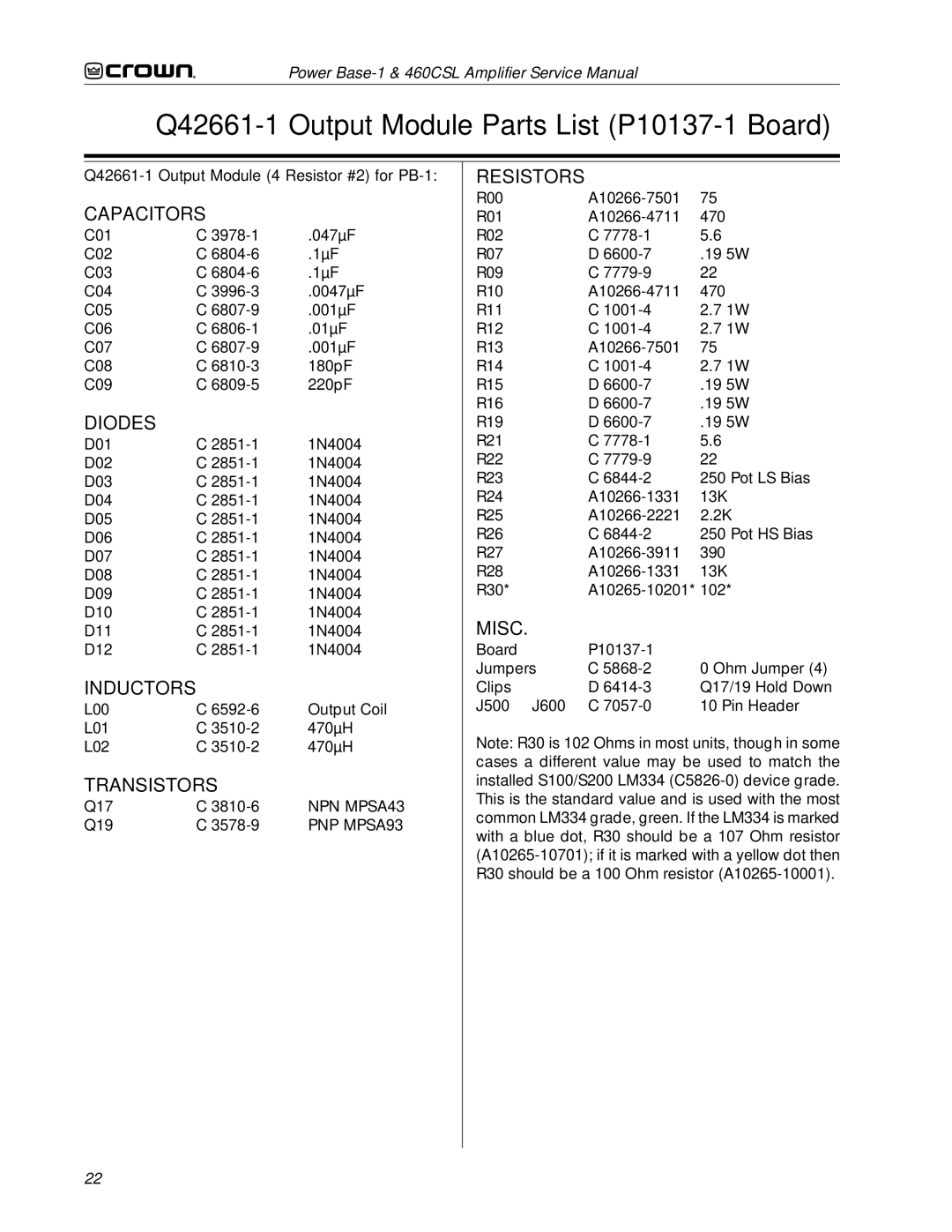 Crown 460CSL service manual Q42661-1 Output Module Parts List P10137-1 Board, Q42661-1 Output Module 4 Resistor #2 for PB-1 