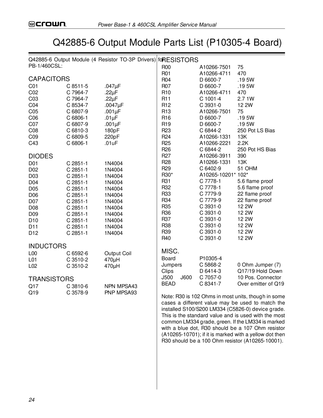 Crown 460CSL service manual Q42885-6 Output Module Parts List P10305-4 Board 