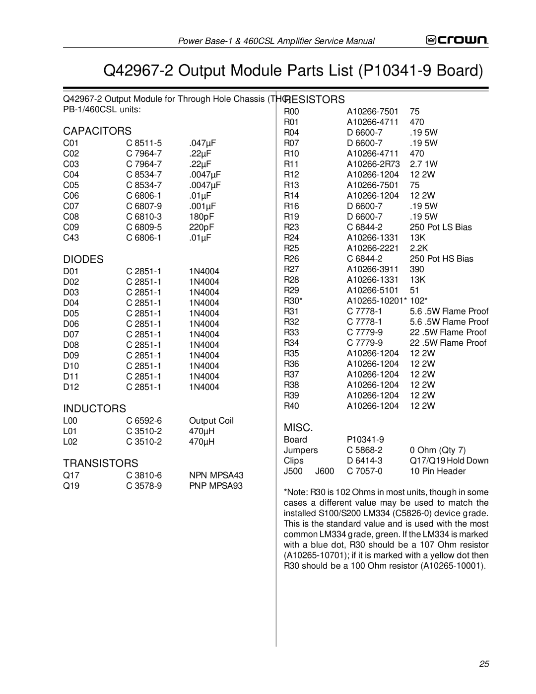 Crown 460CSL service manual Q42967-2 Output Module Parts List P10341-9 Board 